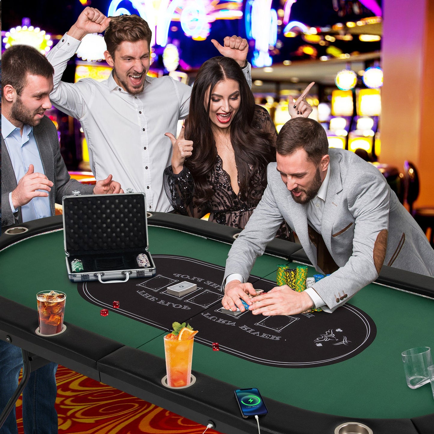 Foldable 10-Player Poker Table with LED Lights and USB Ports Ideal for Texas Casino