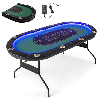 Foldable 10-Player Poker Table with LED Lights and USB Ports Ideal for Texas Casino
