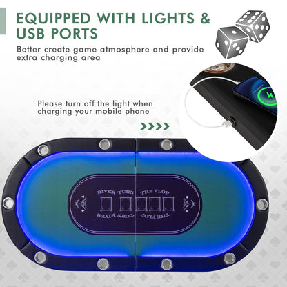 Foldable 10-Player Poker Table with LED Lights and USB Ports Ideal for Texas Casino