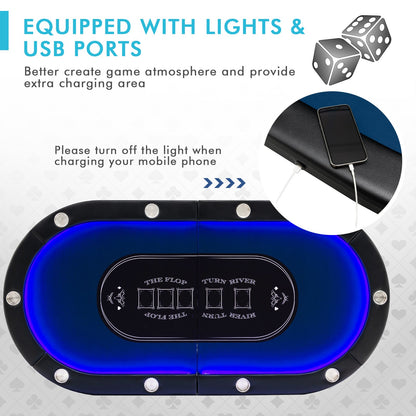 Foldable 10-Player Poker Table with LED Lights and USB Ports Ideal for Texas Casino