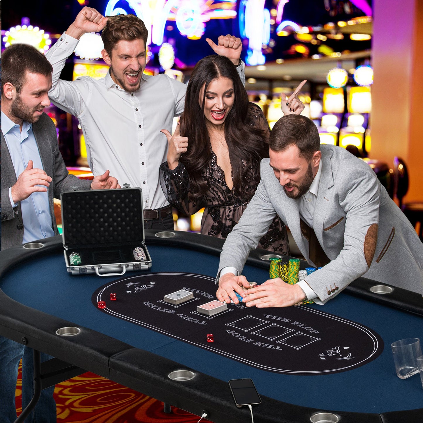 Foldable 10-Player Poker Table with LED Lights and USB Ports Ideal for Texas Casino